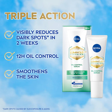 NIVEA Luminous Even Glow Oil Control Face Serum with Thiamidol (60X more effective than Vitamin C), Salicylic Acid, Hyaluronic Acid, Green Tree extracts for Dark Spots Reduction & Hydration| 10ml